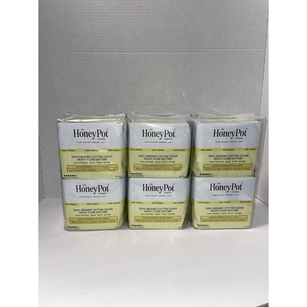 The Honey Pot Organic Cotton Cover Non-Herbal Heavy Flow Day 16 Pads 6 Pk Lot